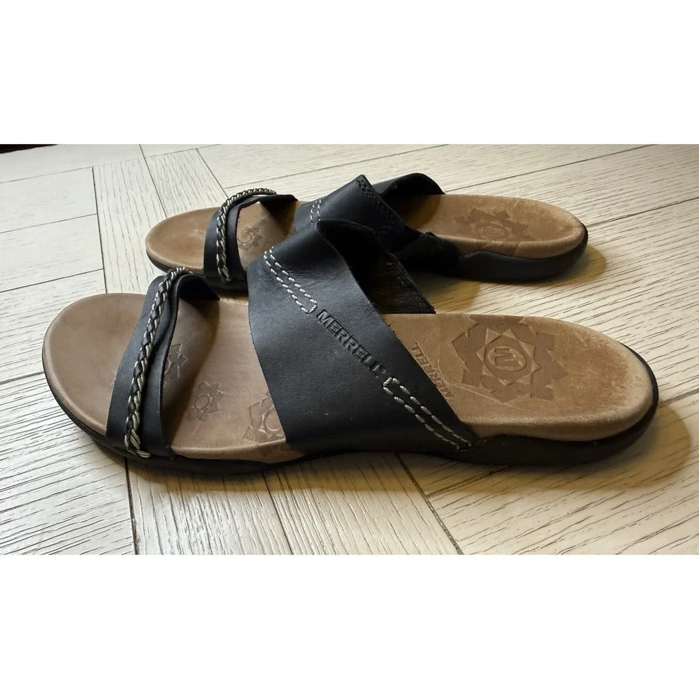 Merrell Shundra Women Sz 8 Black Casual Flip Flop Slide Sandal Shoes Boho Nature
